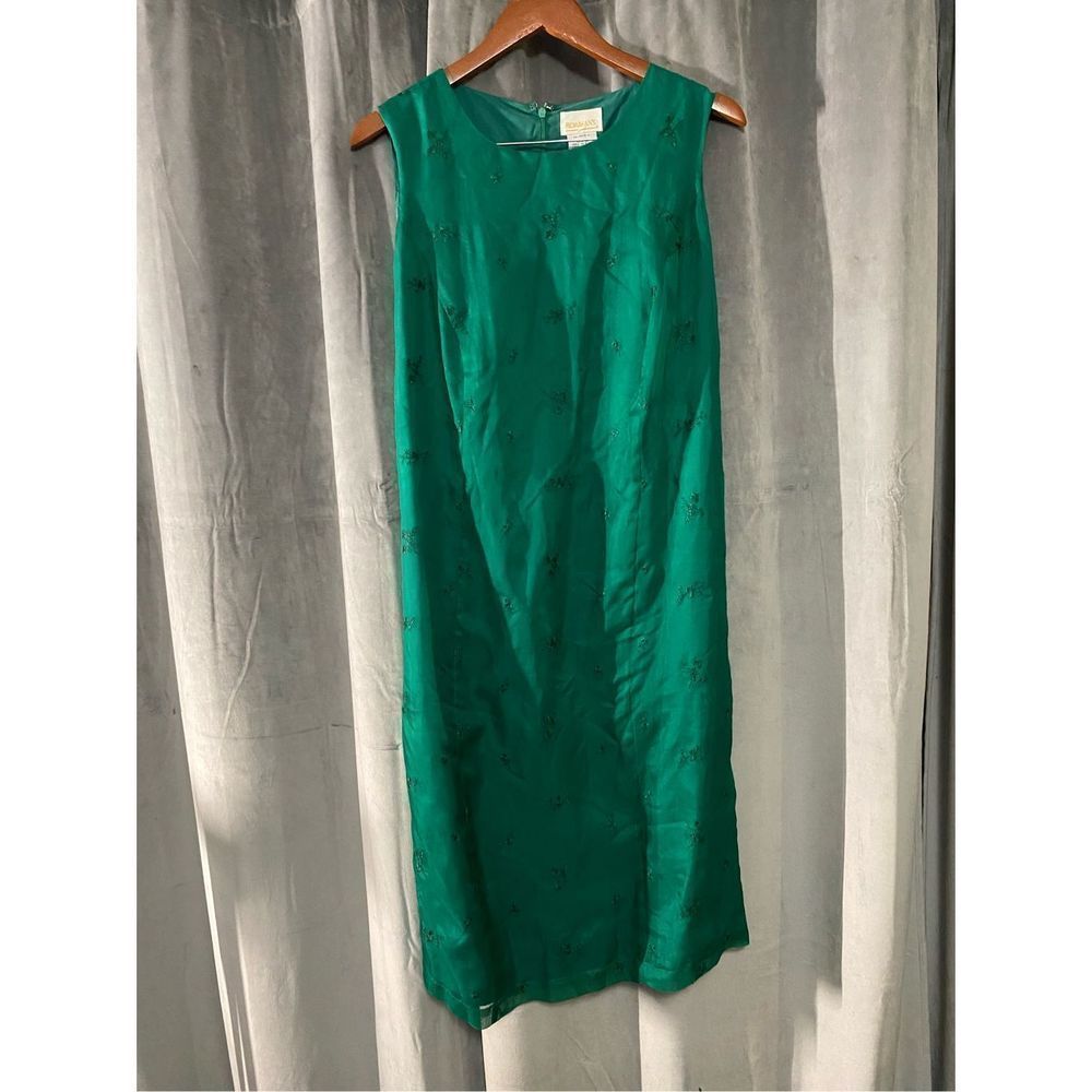 Roaman's Women's Silk Embroidered Sleeveless Fully Lined Shift Dress Green Sz A6